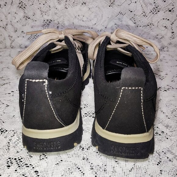 Skechers Women's 5.5 Casual Lace Up Sneakers Black Leather Beige - Picture 4 of 8